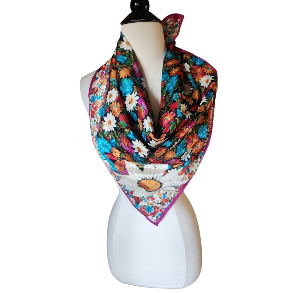 Laura Geraldi Floral Silk Square Scarf Coquette Fuschia Multicolor 30.5" X 30.5"